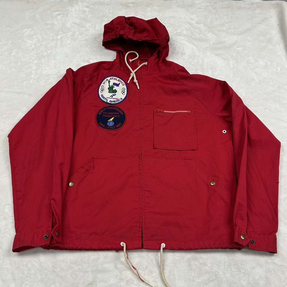 Turtle Bay Windbreaker Jacket Mens M Red Vintage 1985 Track Field Patches Hooded